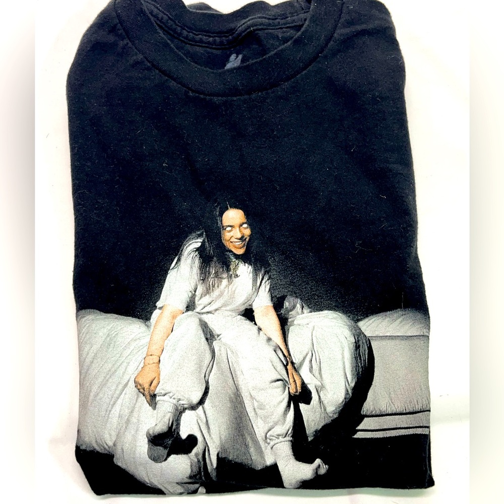 BILLIE EILISH BLACK TEE 2019 WE SLEEP CONCERT TOUR 100% COTTON S PREOWNED